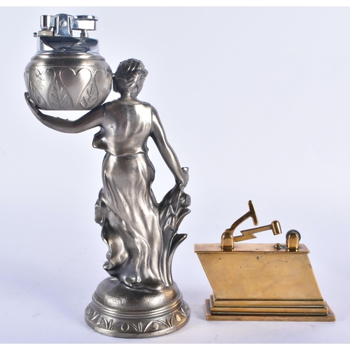 752 - A CHARMING ANTIQUE BRONZE ANVIL TABLE LIGHTER together with another figural table lighter. Largest 2... 