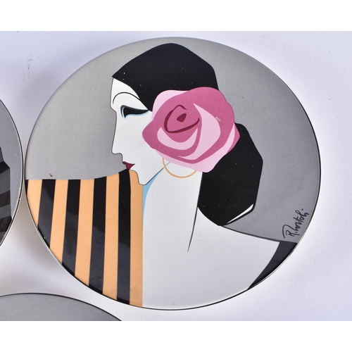 758 - A SET OF THREE 1980S POOLE POTTERY STYLISED PLATES by Roberto Tortoli. 14.5 cm diameter. (3)