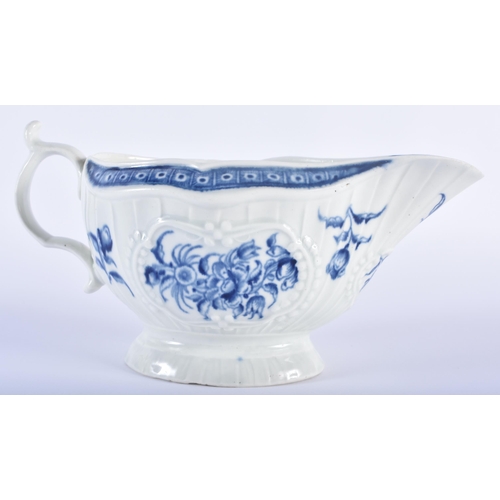 76 - AN 18TH CENTURY WORCESTER BLUE AND WHITE PORCELAIN SAUCE BOAT painted with floral panels within rais... 