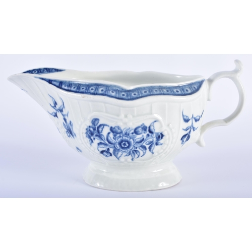 76 - AN 18TH CENTURY WORCESTER BLUE AND WHITE PORCELAIN SAUCE BOAT painted with floral panels within rais... 