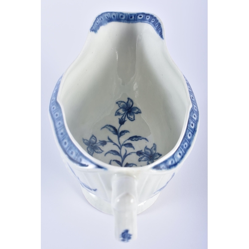 76 - AN 18TH CENTURY WORCESTER BLUE AND WHITE PORCELAIN SAUCE BOAT painted with floral panels within rais... 