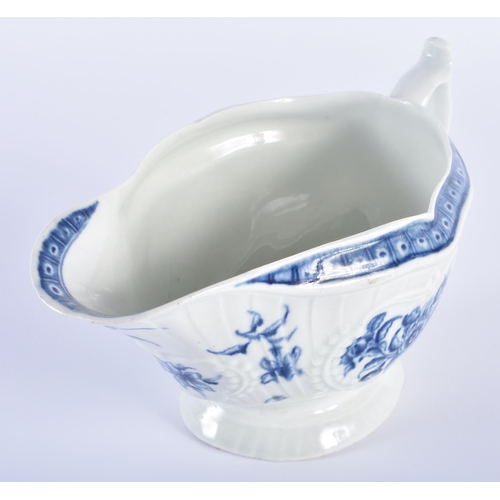 76 - AN 18TH CENTURY WORCESTER BLUE AND WHITE PORCELAIN SAUCE BOAT painted with floral panels within rais... 