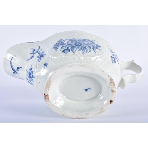 76 - AN 18TH CENTURY WORCESTER BLUE AND WHITE PORCELAIN SAUCE BOAT painted with floral panels within rais... 