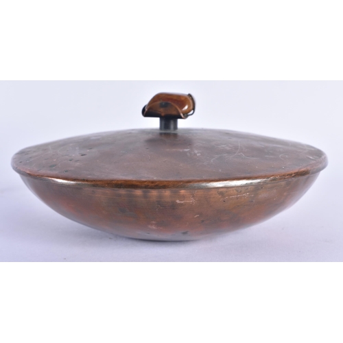 761 - A SCANDINAVIAN COPPER AND HARDSTONE HAMMERED BOX AND COVER. 15 cm diameter.