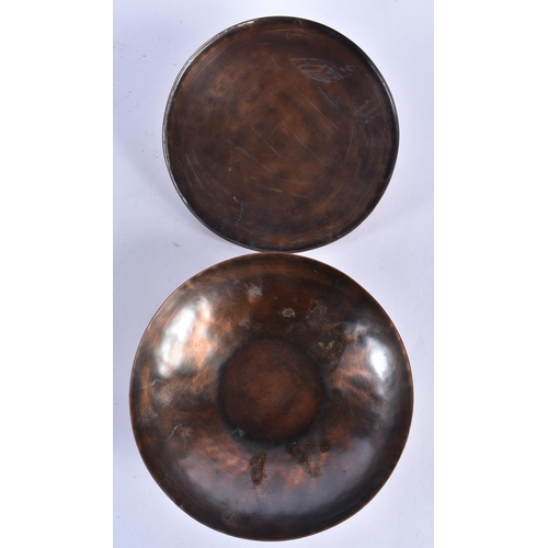 761 - A SCANDINAVIAN COPPER AND HARDSTONE HAMMERED BOX AND COVER. 15 cm diameter.