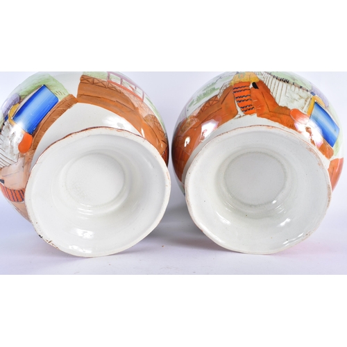 766 - AN UNUSUAL PAIR OF 19TH CENTURY POTTERY ORANGE LUSTRE BOWLS printed and painted with possible South ... 