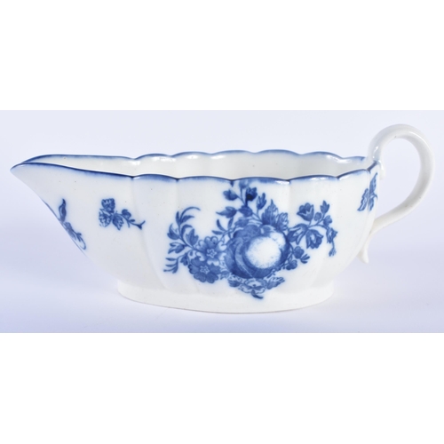 77 - AN 18TH CENTURY CAUGHLEY BLUE AND WHITE PORCELAIN SAUCE BOAT decorated with fruiting vines upon a ri... 