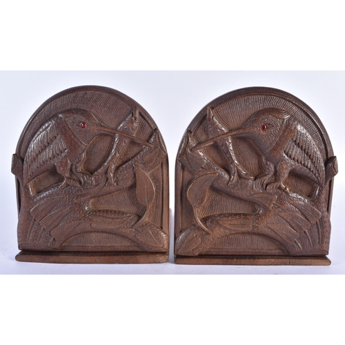 771 - A PAIR OF EARLY 20TH CENTURY ANGLO INDIAN BURMESE CARVED WOOD BIRD BOOKENDS. Each 15 cm x 18cm open.