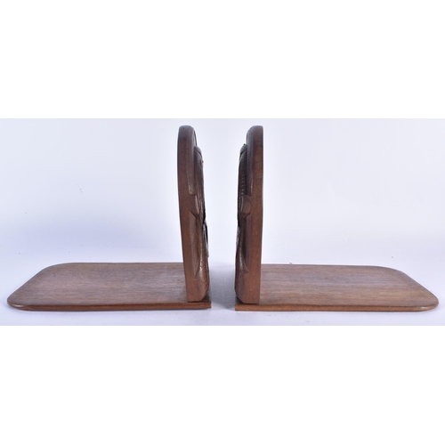 771 - A PAIR OF EARLY 20TH CENTURY ANGLO INDIAN BURMESE CARVED WOOD BIRD BOOKENDS. Each 15 cm x 18cm open.