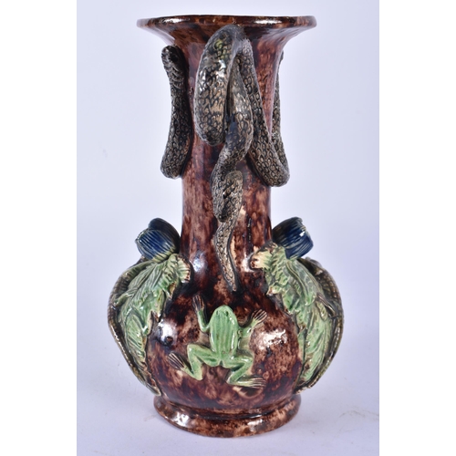 775 - A19TH CENTURY PORTUGUESE MAJOLICA MAFRA TWIN HANDLED VASE overlaid with serpents. 18cm x 11cm.