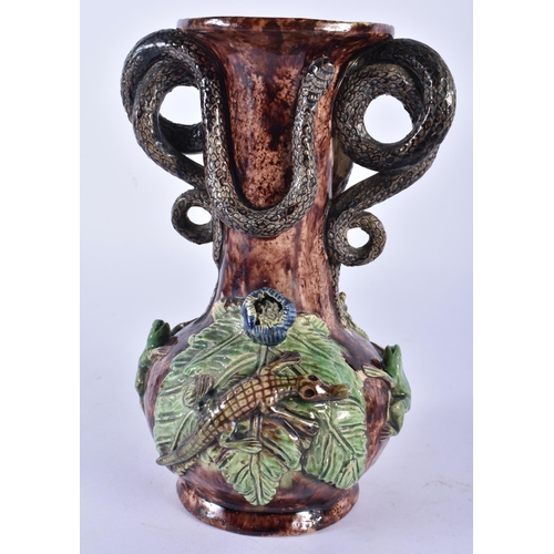 775 - A19TH CENTURY PORTUGUESE MAJOLICA MAFRA TWIN HANDLED VASE overlaid with serpents. 18cm x 11cm.