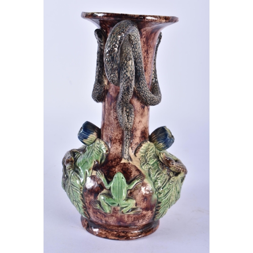 775 - A19TH CENTURY PORTUGUESE MAJOLICA MAFRA TWIN HANDLED VASE overlaid with serpents. 18cm x 11cm.