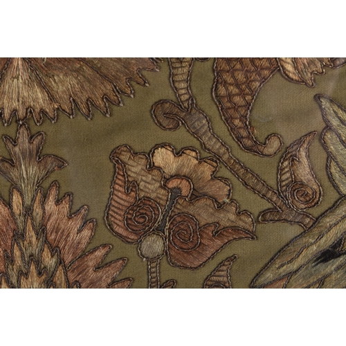 778 - A FINE 19TH CENTURY INDIAN MIDDLE EASTERN EMBROIDERED PANEL depicting birds amongst extensive foliag... 