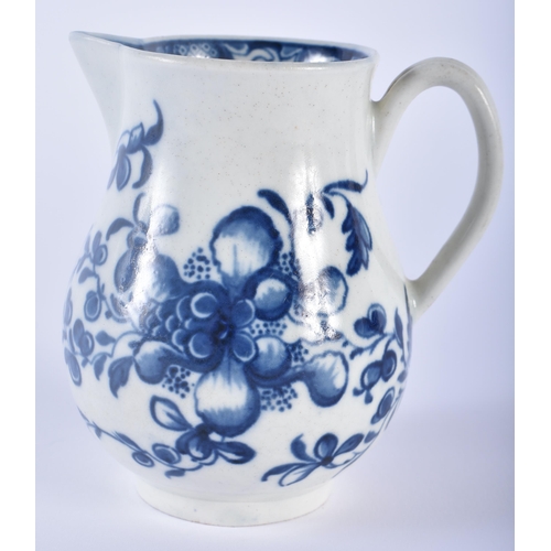 78 - AN 18TH CENTURY WORCESTER BLUE AND WHITE PORCELAIN SPARROW BEAK JUG painted with floral sprays. 9 cm... 