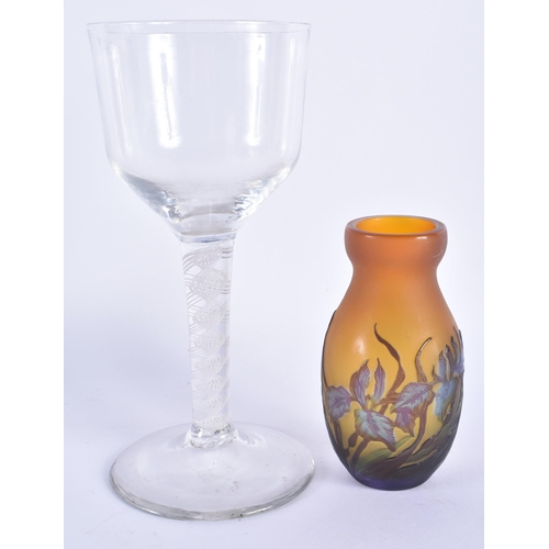 783 - A LARGE ANTIQUE AIR TWIST GLASS together with a smaller cameo glass vase. Largest 20 cm high. (2)