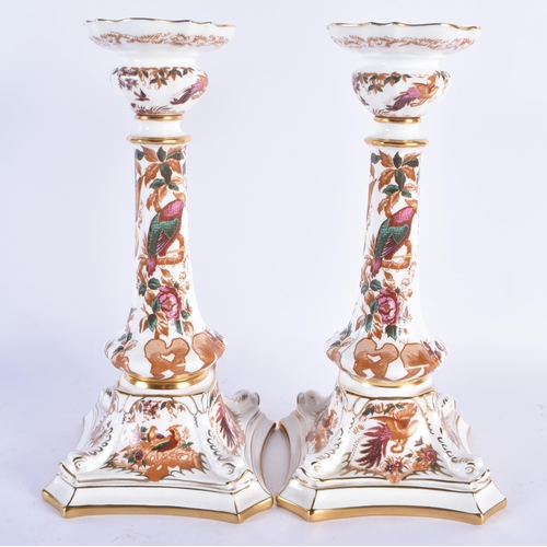 785 - A LARGE PAIR OF ROYAL CROWN DERBY OLD AVESBURY PORCELAIN CANDLESTICKS. 27 cm high.