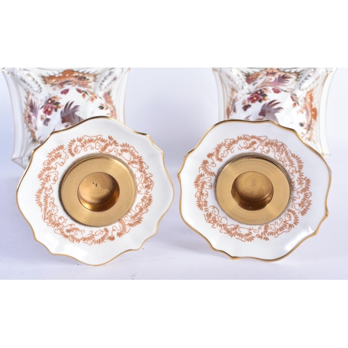 785 - A LARGE PAIR OF ROYAL CROWN DERBY OLD AVESBURY PORCELAIN CANDLESTICKS. 27 cm high.