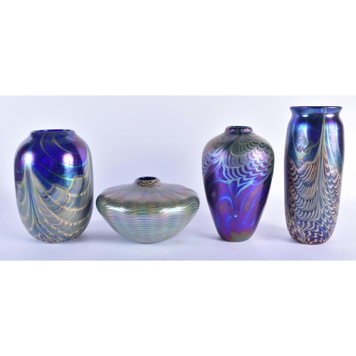 794 - FOUR IRIDESCENT ART GLASS VASES. Largest 22 cm high. (4)