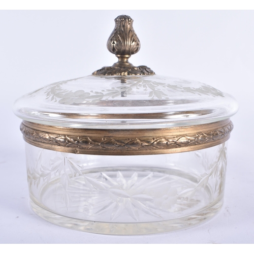 796 - AN ANTIQUE CONTINENTAL SILVER GILT AND CRYSTAL GLASS BOX AND COVER. 14 cm x 13 cm.