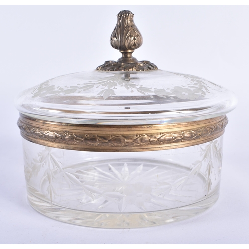 796 - AN ANTIQUE CONTINENTAL SILVER GILT AND CRYSTAL GLASS BOX AND COVER. 14 cm x 13 cm.