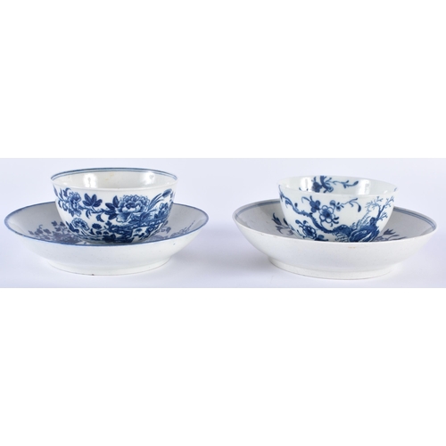 80 - TWO 18TH CENTURY WORCESTER BLUE AND WHITE TEABOWLS AND SAUCERS. 11cm diameter. (4)