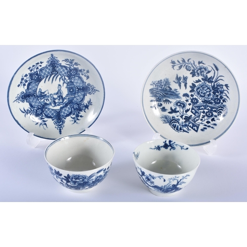 80 - TWO 18TH CENTURY WORCESTER BLUE AND WHITE TEABOWLS AND SAUCERS. 11cm diameter. (4)