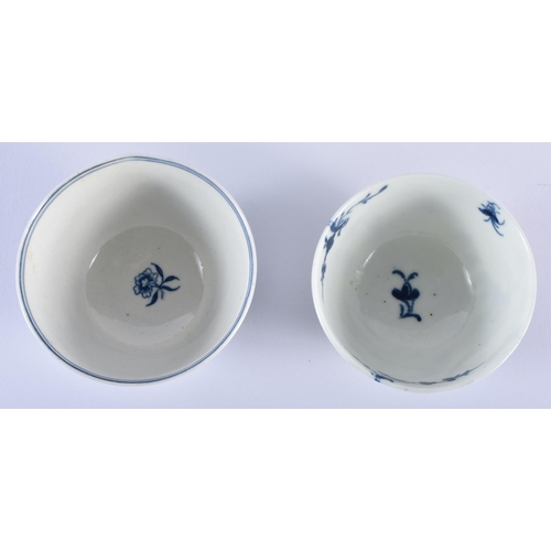 80 - TWO 18TH CENTURY WORCESTER BLUE AND WHITE TEABOWLS AND SAUCERS. 11cm diameter. (4)