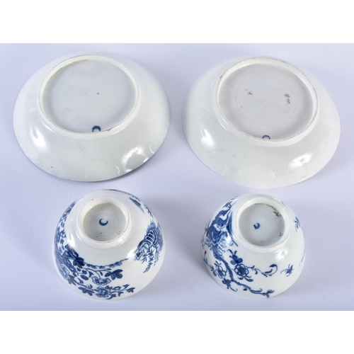 80 - TWO 18TH CENTURY WORCESTER BLUE AND WHITE TEABOWLS AND SAUCERS. 11cm diameter. (4)