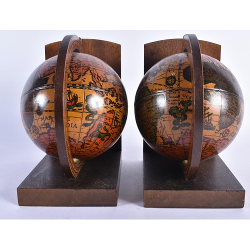 800 - A PAIR OF WOODEN GLOBE BOOKENDS. Each 17 cm x 15 cm.