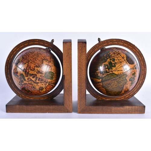 800 - A PAIR OF WOODEN GLOBE BOOKENDS. Each 17 cm x 15 cm.