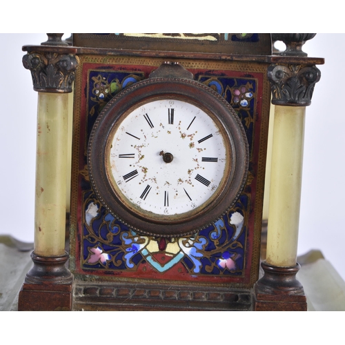 805 - A 19TH CENTURY FRENCH BRONZE CHAMPLEVE ENAMEL AND ONYX DESK CLOCK. 21 cm x 14 cm.