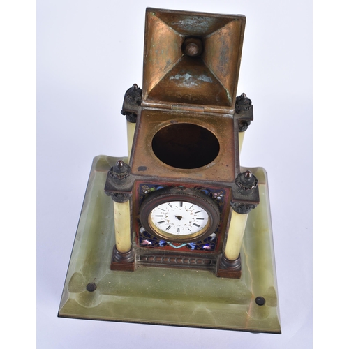 805 - A 19TH CENTURY FRENCH BRONZE CHAMPLEVE ENAMEL AND ONYX DESK CLOCK. 21 cm x 14 cm.