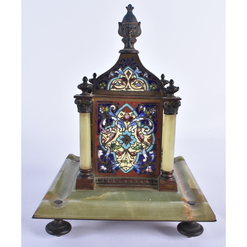 805 - A 19TH CENTURY FRENCH BRONZE CHAMPLEVE ENAMEL AND ONYX DESK CLOCK. 21 cm x 14 cm.