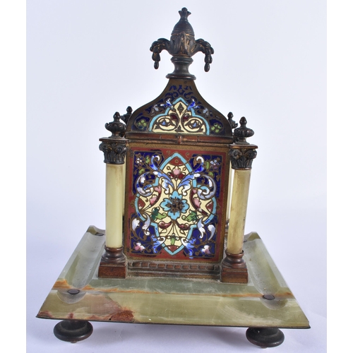 805 - A 19TH CENTURY FRENCH BRONZE CHAMPLEVE ENAMEL AND ONYX DESK CLOCK. 21 cm x 14 cm.