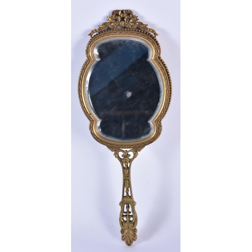 815 - AN ANTIQUE FRENCH BRONZE AND PURPLE ENAMEL HAND MIRROR. 27 cm long.