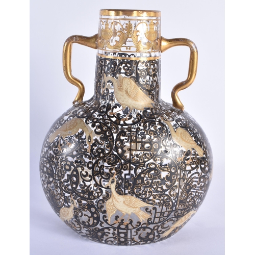 816 - AN UNUSUAL ANTIQUE SECESSIONIST TYPE ENAMELLED AUSTRIAN GLASS VASE painted with birds amongst black ... 