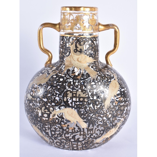 816 - AN UNUSUAL ANTIQUE SECESSIONIST TYPE ENAMELLED AUSTRIAN GLASS VASE painted with birds amongst black ... 