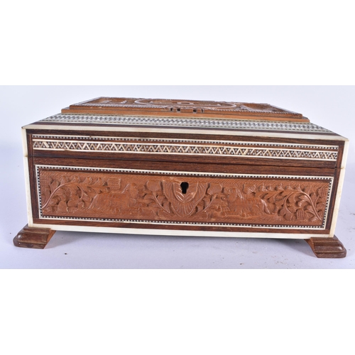 825 - TWO 19TH CENTURY MIDDLE EASTERN ANGLO INDIAN SANDALWOOD AND BONE CASKETS. Largest 24 cm x 14 cm. (2)