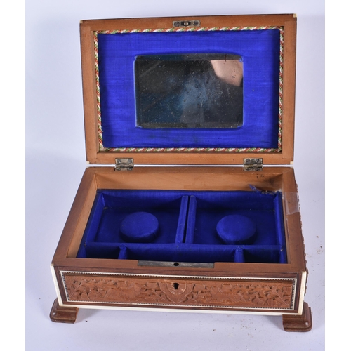 825 - TWO 19TH CENTURY MIDDLE EASTERN ANGLO INDIAN SANDALWOOD AND BONE CASKETS. Largest 24 cm x 14 cm. (2)