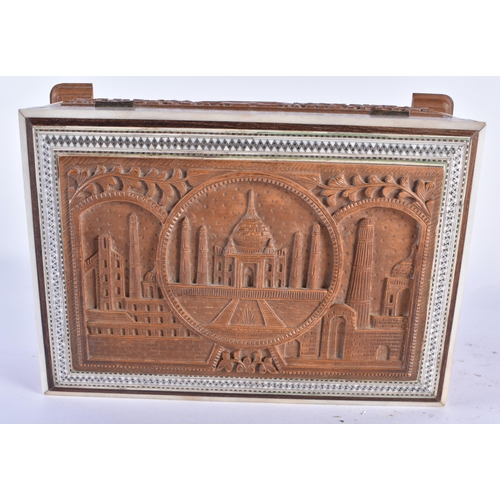 825 - TWO 19TH CENTURY MIDDLE EASTERN ANGLO INDIAN SANDALWOOD AND BONE CASKETS. Largest 24 cm x 14 cm. (2)