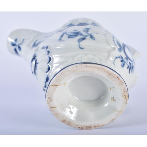 82 - A FINE 18TH CENTURY WORCESTER BLUE AND WHITE PORCELAIN CREAM BOAT painted with flowers upon a beauti... 