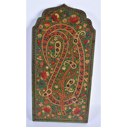 828 - A PAIR OF 19TH CENTURY PERSIAN ISLAMIC PAINTED AND LACQUERED COUNTRY HOUSE WOOD PLAQUES. 30cm x 15 c... 