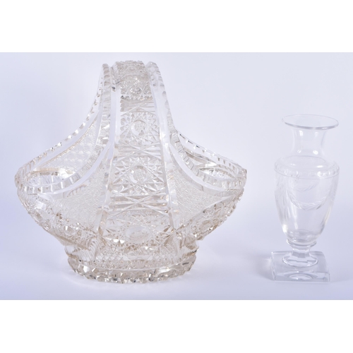 83 - A FINE ANTIQUE CUT GLASS BASKET together with an antique English neo classical glass vase. Largest 2... 