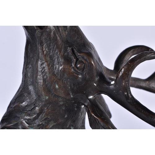 831 - A LARGE BRONZE AND MARBLE FIGURE OF A STAG modelled beside a tree stump. 44 cm x 36 cm.