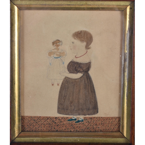 835 - English School (C1850) Watercolour, Child with doll. 20 cm x 18cm.