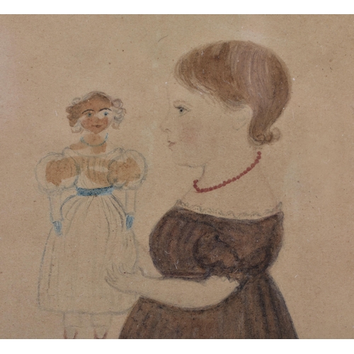 835 - English School (C1850) Watercolour, Child with doll. 20 cm x 18cm.