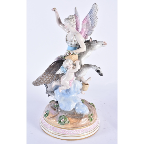 845 - A LARGE 19TH CENTURY GERMAN PORCELAIN FIGURE OF A WINGED FEMALE modelled riding upon a horse with wi... 