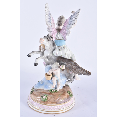 845 - A LARGE 19TH CENTURY GERMAN PORCELAIN FIGURE OF A WINGED FEMALE modelled riding upon a horse with wi... 