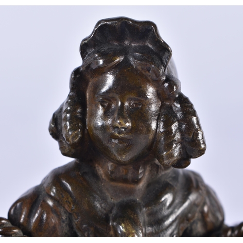 846 - AN ANTIQUE FRENCH BRONZE CANDLE SNUFFER formed as a female with baskets. 10 cm x 8 cm.