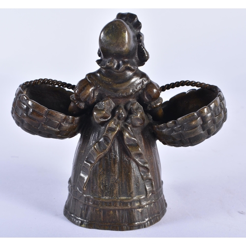 846 - AN ANTIQUE FRENCH BRONZE CANDLE SNUFFER formed as a female with baskets. 10 cm x 8 cm.